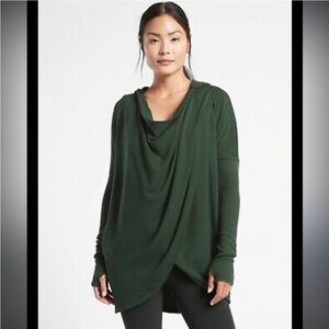 Athleta Purana Wrap Sweatshirt Hooded Size Small Green Drape Cowl Neck